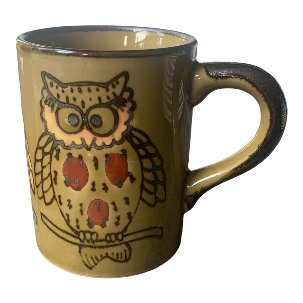 Vintage Otagiri Red and Yellow Stoneware Owl Mug